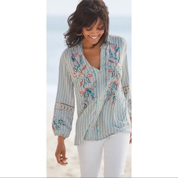 Johnny Was Lais Paris Effortless Striped Embroidered Blouse NWT New S - Picture 4 of 16